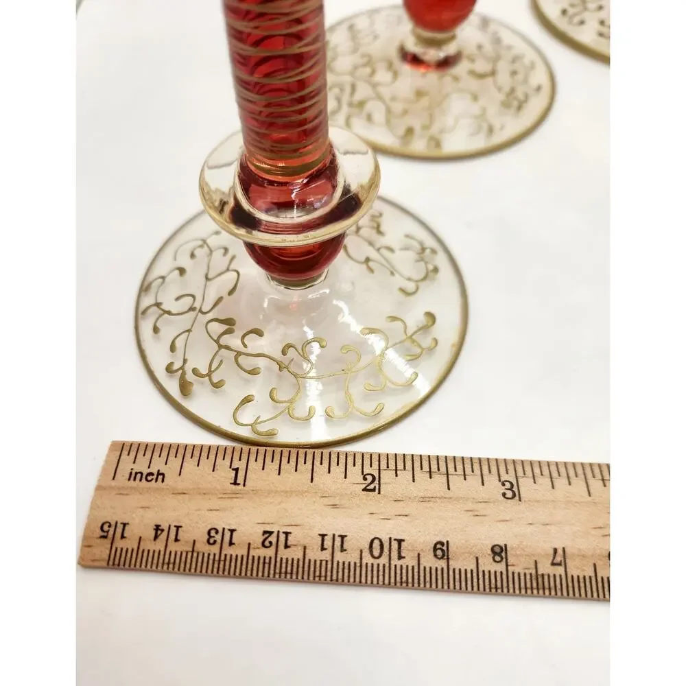 Pier 1 Fluted Champagne Glasses P1C8 Gold Filigree Red Stem Set of 6 Vintage